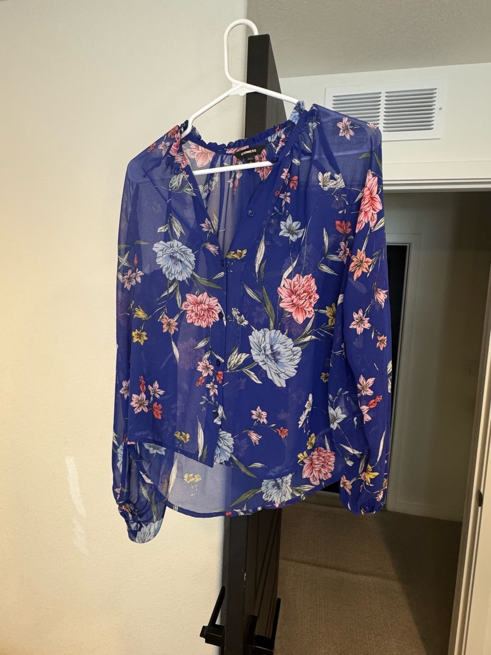 Express Blue Floral Sheer V-Neck Blouse